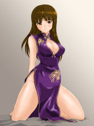 Rule 34 | 10s, 1girl, arms behind back, barefoot, blush, breasts, brown eyes, brown hair, china dress, chinese clothes, cleavage, commentary request, dress, girls und panzer, hime cut, kneeling, large breasts, long hair, looking at viewer, matsui yasutsugu, mature female, nishizumi shiho, purple dress, sleeveless, sleeveless dress, smile, solo