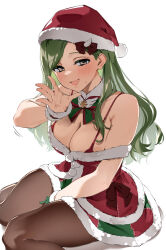 1girl between_legs bow bowtie bra breasts brown_eyes christmas cleavage detached_collar fur-trimmed_shirt fur-trimmed_skirt fur_collar fur_trim green_hair green_skirt hand_between_legs hand_up hat highres idolmaster idolmaster_shiny_colors karan long_hair looking_at_viewer medium_breasts multicolored_skirt nanakusa_hazuki off-shoulder_shirt off_shoulder open_mouth pantyhose red_bra red_hat red_shirt red_skirt santa_hat shirt simple_background sitting skirt smile solo underwear waist_bow wariza white_background wrist_cuffs