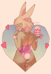 Rule 34 | 1girl, absurdres, animal ears, ass, back tattoo, blush, choker, curly hair, dark-skinned female, dark skin, dated, easter, easter egg, egg, final fantasy, final fantasy xiv, finger in own mouth, fishnet pantyhose, fishnets, frilled leotard, frills, from behind, gradient background, green eyes, heart, heart tattoo, highleg, highleg leotard, highres, leotard, looking to the side, medium hair, norasuko, pantyhose, pink leotard, playboy bunny, rabbit ears, rabbit girl, rabbit tail, signature, simple background, solo, strapless, strapless leotard, tail, tattoo, thigh gap, viera, warrior of light (ff14), wrist cuffs