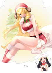 Rule 34 | 2girls, absurdres, bare arms, beanie, blonde hair, boots, breasts, christmas, cleavage cutout, clothing cutout, creatures (company), crop top, crossed legs, cynthia (pokemon), dawn (pokemon), game freak, gloves, hair over one eye, hat, highres, imagining, ka ei volltis, knee boots, large breasts, long hair, merry christmas, midriff, miniskirt, multiple girls, navel, nintendo, pokemon, pokemon dppt, santa boots, santa costume, santa hat, shirt, sitting, skirt, sleeveless, sleeveless shirt, thighs, thought bubble, very long hair, white gloves