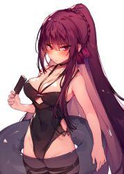 Rule 34 | 1girl, bare shoulders, black one-piece swimsuit, blush, braid, breasts, choker, cleavage, closed mouth, collarbone, covered navel, food, french braid, girls&#039; frontline, hair between eyes, hair ribbon, highres, innertube, large breasts, long hair, looking at viewer, official alternate costume, one-piece swimsuit, ponytail, popsicle, purple hair, purple ribbon, red eyes, ribbon, simple background, solo, soukou makura, swim ring, swimsuit, thigh strap, thighs, wa2000 (girls&#039; frontline), wa2000 (op. manta ray) (girls&#039; frontline), white background
