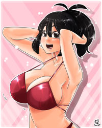 1girl armpits arms_behind_head bikini black_hair breasts brown_eyes character_request cleavage large_breasts lipstick looking_at_viewer makeup noriten open_mouth ponytail red_bikini smile solo swimsuit