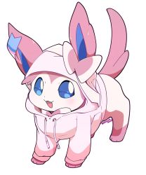 Rule 34 | :d, azuma minatsu, blue eyes, clothed pokemon, commentary request, creature, creatures (company), full body, game freak, gen 6 pokemon, highres, hood, hood up, hoodie, nintendo, no humans, open mouth, pink hoodie, pokemon, pokemon (creature), simple background, smile, solo, standing, sylveon, toes, tongue, white background