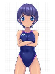 Rule 34 | 1girl, arena (company), black hair, blue hair, blue one-piece swimsuit, competition swimsuit, cowboy shot, crossed arms, gluteal fold, logo, looking at viewer, one-piece swimsuit, original, short hair, simple background, solo, split mouth, swimsuit, white background, yonesuke (yonesukesuke)