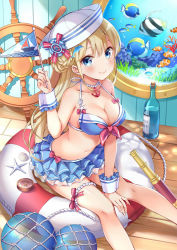 Rule 34 | 1girl, anchor, anchor necklace, bad id, bad pixiv id, ball, bare legs, between legs, bikini, bikini skirt, blonde hair, blue bikini, blue eyes, blue skirt, blush, bottle, braid, breasts, cleavage, closed mouth, collarbone, compass, dolphin hair ornament, fish, flag, french braid, front-tie bikini top, front-tie top, hair ornament, hand between legs, hand up, hat, higeneko, highres, holding, holding flag, indoors, jewelry, leaning forward, lifebuoy, long hair, looking at viewer, md5 mismatch, medium breasts, miniskirt, navel, necklace, net, original, pearl necklace, pennant, porthole, resolution mismatch, sailor hat, seashell, shell, ship&#039;s wheel, sitting, skirt, smile, solo, starfish, swim ring, swimsuit, telescope, thighlet, tropical fish, wooden floor, wrist cuffs