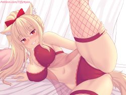 Rule 34 | animal ear fluff, animal ears, ass, babydoll, bare arms, bare shoulders, blonde hair, blush, bow, bra, breasts, cameltoe, cat ears, cat girl, cat tail, cleft of venus, fishnet thighhighs, fishnets, gluteal fold, hair bow, hair ornament, hand on own thigh, heart, heart-shaped pupils, highres, large breasts, leg lift, leg up, lingerie, long hair, looking at viewer, lying, naughty face, navel, nottytiffy, on side, original, panties, parted lips, patreon username, ponytail, presenting, red bow, red bra, red eyes, red panties, red thighhighs, smile, solo, spread legs, symbol-shaped pupils, tail, thighhighs, thighs, tiffy (nottytiffy), underwear