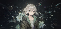 Rule 34 | 1girl, asahi yuuji, black background, black jacket, blue eyes, blurry, bokeh, collarbone, dark background, depth of field, expressionless, flat chest, floating hair, flower, glass shards, grey hair, grey shirt, highres, hood, hood down, hooded jacket, jacket, lens flare, lily (flower), looking at viewer, open clothes, open jacket, open mouth, original, parted lips, rainbow, refraction, shirt, solo, symbol-only commentary, t-shirt, upper body, white flower, white shirt