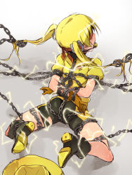 Rule 34 | 1girl, arms behind back, ass, bike shorts, bit gag, blindfold, blonde hair, boots, bound, bound arms, chain, drooling, electricity, electrocution, gag, hat, unworn hat, unworn headwear, highres, horseshoe, hot bee ball, lying, mahou shoujo western girls, on stomach, restrained, ryona, saliva, seibu kiyo, torn clothes, twintails