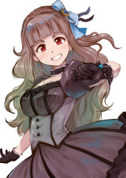Rule 34 | 1girl, black choker, black dress, black gloves, blue ribbon, blush, breasts, brown hair, choker, clenched hand, commentary request, dress, earrings, eyebrows, gloves, grin, hair ornament, hair ribbon, idolmaster, idolmaster cinderella girls, jewelry, kamiya nao, large breasts, long hair, looking at viewer, puffy short sleeves, puffy sleeves, red eyes, ribbon, satomura kyou, short sleeves, smile, solo, very long hair, white background