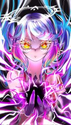 Rule 34 | 1girl, animal ears, bird ears, blue hair, closed mouth, commentary request, crop top, cross, gloves, gradient eyes, gradient hair, halo, highres, jibril (no game no life), long hair, looking at viewer, magic, magic circle, midriff, multicolored eyes, multicolored hair, no game no life, orange eyes, pink hair, solo, spiked halo, sssshuri328, symbol-shaped pupils, tattoo, very long hair, wing ears, yellow eyes