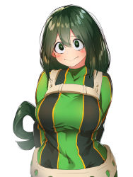 Rule 34 | 1girl, arms behind back, asui tsuyu, blush stickers, bodysuit, boku no hero academia, breasts, closed mouth, covered navel, green bodysuit, green eyes, green hair, hair between eyes, highres, karan, large breasts, long hair, simple background, solo, white background