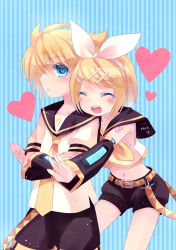 Rule 34 | 1boy, 1girl, :d, ^ ^, bad id, bad pixiv id, blush, brother and sister, closed eyes, closed eyes, heart, heart-shaped pupils, highres, kagamine len, kagamine rin, midriff, mvv, navel, open mouth, siblings, smile, symbol-shaped pupils, twins, vocaloid