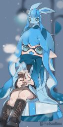 Rule 34 | 1girl, absurdres, animal, animal on head, aqua eyes, aqua hair, aqua jacket, aqua scarf, black footwear, blue tongue, boots, colored tongue, creatures (company), cup, fog, game freak, gen 4 pokemon, glaceon, grey sweater, highres, holding, holding cup, inkling, inkling girl, inkling player character, jacket, jewelry, lamppost, long hair, long sleeves, looking at another, looking down, looking up, matsushita (matsudbox), nintendo, on head, open mouth, outdoors, pointy ears, pokemon, ring, scarf, sitting, smile, snowing, splatoon (series), sweater, twitter username