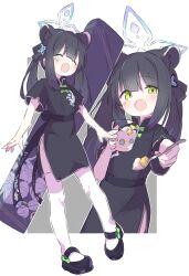 Rule 34 | 1girl, animal ears, black dress, black footwear, black hair, blue archive, blue halo, blush, china dress, chinese clothes, closed eyes, dress, extra ears, full body, green eyes, halo, highres, holding, holding spoon, inaririn, long hair, multiple views, open mouth, shoes, short sleeves, shun (blue archive), shun (small) (blue archive), smile, spoon, twintails