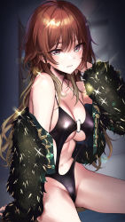 Rule 34 | 1girl, aketa mikoto, bare shoulders, black one-piece swimsuit, breasts, brown hair, cameltoe, center opening, cleavage, closed mouth, green jacket, groin, hand up, highres, idolmaster, idolmaster shiny colors, jacket, long hair, looking at viewer, medium breasts, mirei, navel, o-ring, o-ring swimsuit, off shoulder, one-piece swimsuit, open clothes, open jacket, purple eyes, sitting, solo, spaghetti strap, stomach, strap gap, swimsuit, thighs