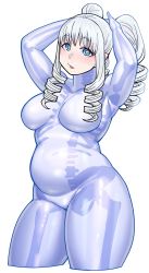 Rule 34 | 1girl, arms up, belly, blue eyes, bodysuit, breasts, commentary request, drill hair, drill sidelocks, elf-san wa yaserarenai., highres, honeda (elf-san wa yaserarenai.), long hair, looking at viewer, medium breasts, original, parted lips, plump, raised eyebrows, sidelocks, simple background, solo, synecdoche, thick arms, thick thighs, thighs, twintails, white background, white hair