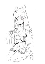 Rule 34 | 1girl, ainu clothes, box, breasts, fang, fingerless gloves, gift, gift box, gloves, hair ribbon, highres, kneeling, legs, long hair, monochrome, nakoruru, open mouth, pants, ribbon, samurai spirits, sketch, small breasts, smile, snk, solo, the king of fighters, thighs