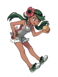 Rule 34 | 1girl, :q, berry (pokemon), commentary request, creatures (company), dark-skinned female, dark skin, elizabeth (tomas21), flower, footwear ribbon, full body, game freak, green eyes, green footwear, green hair, green headband, green ribbon, grey overalls, headband, holding, long hair, mallow (pokemon), nintendo, overall shorts, overalls, pink flower, pink shirt, pokemon, pokemon sm, ribbon, shirt, shoes, simple background, sitrus berry, solo, swept bangs, tongue, tongue out, twintails, two-tone footwear, white background, white footwear