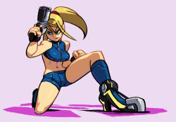 Rule 34 | 1girl, alex ahad, alternate costume, bike shorts, blonde hair, blue eyes, boots, breasts, clenched hand, crop top, gun, handgun, large breasts, lips, long hair, metroid, midriff, mole, mole under mouth, navel, on one knee, ponytail, samus aran, serious, solo, super smash bros., weapon