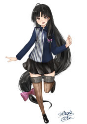 Rule 34 | 1girl, ahoge, black footwear, black hair, black skirt, blue shirt, blunt bangs, blush, bow, brown eyes, brown thighhighs, dated, employee uniform, full body, hair bow, highres, kantai collection, lawson, long hair, long sleeves, low-tied long hair, open mouth, pink bow, shirt, shouhou (kancolle), signature, simple background, skirt, solo, striped clothes, striped shirt, thighhighs, toka (marchlizard), uniform, vertical-striped clothes, vertical-striped shirt, very long hair, white background