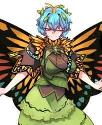 Rule 34 | 1girl, ;), aged up, alternate breast size, antennae, aqua hair, blush, breasts, brooch, brown eyes, butterfly ornament, butterfly wings, commentary, contrapposto, dress, eternity larva, green dress, green skirt, hair ornament, highres, insect wings, jewelry, large breasts, leaf, leaf background, leaf hair ornament, leaf on head, looking at viewer, multicolored clothes, multicolored dress, nyong nyong, one eye closed, outstretched arms, short hair, short sleeves, simple background, skirt, smile, solo, standing, symbol-only commentary, touhou, white background, wings, yellow wings