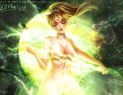 Rule 34 | 1girl, arm at side, armpits, artist name, artistic nudity, bishoujo senshi sailor moon, breasts, brown hair, clenched hands, closed eyes, closed mouth, collarbone, completely nude, electricity, electrokinesis, epic, expressionless, eyelashes, facial mark, facing viewer, female focus, fingernails, forehead mark, hair bobbles, hair ornament, hand up, holding lightning, jupiter (planet), jupiter symbol, kgfantasy, kino makoto, legs, light rays, lightning, lipstick, long fingernails, long hair, makeup, medium breasts, navel, neck, nude, outstretched arms, parted bangs, parted lips, planet, ponytail, sailor jupiter, space, spread arms, spread legs, symbol, tall female, thighs, unworn clothes