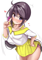 Rule 34 | 1girl, absurdres, ahoge, akebono (kancolle), bell, blouse, blush, commentary request, cowboy shot, dancing, flower, hair bell, hair flower, hair ornament, highres, index finger raised, jingle bell, kantai collection, long hair, looking at viewer, nose blush, off-shoulder blouse, off-shoulder shirt, off shoulder, official alternate costume, panties, pink panties, pleated skirt, purple eyes, purple hair, sakura ab, shirt, side ponytail, skirt, solo, underwear, very long hair, white shirt, yellow skirt