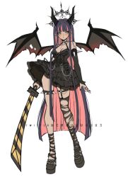 Rule 34 | 1girl, alternate costume, bare shoulders, black dress, black sleeves, breasts, cleavage, colored inner hair, criis-chan, demon horns, demon wings, dress, earrings, hair ornament, holding, holding sword, holding weapon, horns, jewelry, layered dress, long hair, long sleeves, medium breasts, multicolored hair, panty &amp; stocking with garterbelt, shoes, solo, spiked thighlet, stocking (psg), sword, thighhighs, torn wings, two-tone hair, weapon, wings