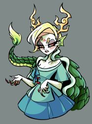 Rule 34 | 1girl, antlers, blonde hair, blue shirt, claws, collarbone, disgust, dragon girl, dragon horns, dragon tail, horns, jewelry, kicchou yachie, looking at viewer, peachems (gemu), red eyes, ring, shaded face, shirt, short hair, short sleeves, simple background, skirt, solo, tail, touhou, turtle shell