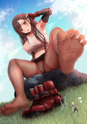 Rule 34 | 1girl, arm up, armpits, artist request, black hair, cleft of venus, cloud, cloud strife, feet, final fantasy, final fantasy vii, foot focus, from below, giant, giantess, highres, long hair, open mouth, panties, panties under pantyhose, pantyhose, pussy, see-through, skirt, sky, soles, solo, tifa lockhart, toes, underwear, white panties