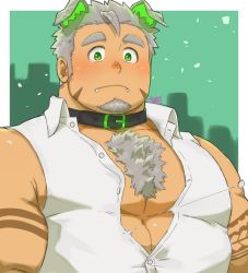 Rule 34 | 1boy, abs, animal ears, bara, bare shoulders, blush, body fur, bursting pectorals, chest hair, dog boy, dog ears, facial hair, goatee, gomeisa (live a hero), green eyes, grey hair, large pectorals, live a hero, long sideburns, looking at viewer, male focus, muscular, pectorals, short hair, sideburns, sleeveless, solo, stubble, tattoo, tribal tattoo, upper body, wardrobe malfunction, yanutorie