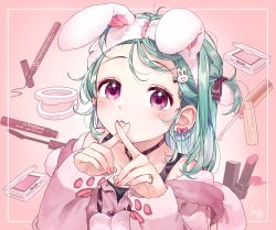 Rule 34 | 1girl, animal ears, artist name, black choker, choker, closed mouth, cosmetics, fake animal ears, green hair, hair ornament, hair ribbon, hairband, hands up, highres, index finger raised, indie virtual youtuber, jacket, jewelry, long sleeves, looking at viewer, nail polish, pink jacket, pink nails, pom pom (clothes), purple eyes, rabbit ears, rabbit hair ornament, ribbon, ring, saeki yahiro, saekiyahiro, short hair, signature, sleeves past wrists, solo, upper body, virtual youtuber