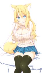 Rule 34 | 1girl, animal ear fluff, animal ears, aoi (naomi), bad id, bad pixiv id, black thighhighs, blonde hair, blue eyes, blush, breasts, cleavage, cleavage cutout, clothing cutout, female focus, fox ears, fox tail, hutaba aoi, large breasts, long hair, looking at viewer, meme attire, nanashin naomi, open-chest sweater, original, pleated skirt, ribbed sweater, sitting, sketch, skirt, solo, sweater, tail, thighhighs, thighs, turtleneck, zettai ryouiki