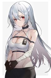 Rule 34 | 1girl, absurdres, arm strap, azur lane, bandaged arm, bandages, bare shoulders, black collar, black gloves, black pants, breasts, buckle, chest strap, cleavage, closed mouth, collar, collarbone, commentary, covered erect nipples, cowboy shot, gloves, groin, hair between eyes, highres, huge filesize, kabi (zcwd8845), long hair, looking at viewer, medium breasts, midriff, mole, mole under eye, multiple straps, o-ring, official alternate costume, own hands together, pants, police badge, red eyes, sidelocks, silver hair, simple background, snap-fit buckle, solo, sovetskaya rossiya (azur lane), sovetskaya rossiya (the lackadaisical lookout) (azur lane), sports bra, standing, underbust, very long hair, white background, white sports bra