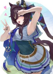 Rule 34 | 1girl, :3, absurdres, anchor necklace, animal ears, arm up, armpits, belt, blue bow, blue bowtie, blue capelet, blue ribbon, blush, bow, bowtie, breasts, brown belt, brown hair, capelet, character name, commentary request, covered navel, ear covers, hair between eyes, hair ribbon, highres, horse ears, horse girl, jewelry, long hair, looking at viewer, loose socks, medium breasts, multicolored hair, necklace, one eye closed, open mouth, purple eyes, ribbon, sailor collar, sailor shirt, shirt, shirt overhang, sidelocks, simple background, single ear cover, skirt, sleeveless, sleeveless shirt, smile, socks, solo, streaked hair, teeth, tonariuta, twintails, umamusume, vivlos (umamusume), w, white background, white hair, white shirt, white skirt, white socks
