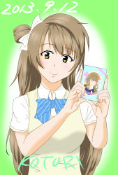 Rule 34 | 1girl, artist name, artist request, blush, bow, bowtie, breasts, brown eyes, brown hair, close-up, collared shirt, female focus, green background, green bow, grey hair, hair bow, hair rings, highres, holding, light brown hair, long hair, long sleeves, looking at viewer, love live!, love live! school idol project, medium breasts, minami kotori, nail, nail polish, otonokizaka school uniform, parted lips, pink nails, pink nails, ponytail, red bow, school uniform, shirt, short sleeves, side ponytail, smile, solo, striped, striped bow, sweater vest, upper body, vest, white bow, white shirt, yellow eyes, yellow vest