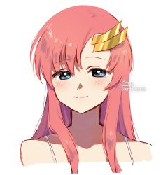 Rule 34 | 1girl, absurdres, blue eyes, blush, closed mouth, cropped torso, gundam, gundam seed, hair between eyes, highres, lacus clyne, long hair, looking at viewer, parted bangs, pink hair, portrait, signature, simple background, smile, sofra, solo, twitter username, white background
