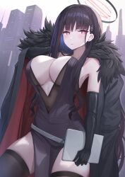 Rule 34 | 1girl, absurdres, alternate costume, bare shoulders, black coat, black dress, black gloves, black hair, black thighhighs, blue archive, breasts, bright pupils, closed mouth, coat, commentary request, dress, elbow gloves, fur trim, gloves, hair ornament, halo, highres, holding, large breasts, long hair, looking at viewer, red eyes, revision, rio (blue archive), shougun (chuckni1), solo, thighhighs, white pupils
