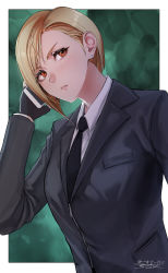 Rule 34 | 1girl, artist name, asymmetrical hair, black necktie, black suit, blonde hair, blush, border, breasts, business suit, cellphone, collared shirt, commentary request, earrings, elena (ff7), eyelashes, final fantasy, final fantasy vii, fingerless gloves, formal, gloves, hand up, highres, holding, holding phone, jewelry, long sleeves, looking to the side, medium breasts, medium hair, necktie, orange eyes, parted lips, phone, sgk, shirt, signature, single sidelock, solo, square enix, suit, talking on phone, upper body, v-shaped eyebrows, white border, zipper