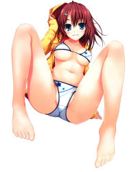 Rule 34 | 1girl, absurdres, barefoot, bikini, blue eyes, breasts, brown hair, feet, hair ornament, hairclip, highres, hood, hoodie, navel, nipples, open clothes, partially visible vulva, short hair, simple background, smile, solo, spread legs, swimsuit, tomose shunsaku, trefoil, white background