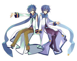 Rule 34 | 2boys, belt, blue eyes, blue hair, blue nails, blue shirt, boots, brown pants, coat, dual persona, grin, hand on hand, headset, invisible chair, kaito (vocaloid), kaito (vocaloid3), knee boots, looking at viewer, male focus, multiple boys, nail polish, one eye closed, outstretched arm, pants, purple pants, shirt, sitting, smile, vocaloid, waving, white background, white coat, yoshiki, zipper