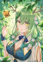 Rule 34 | 1girl, antlers, apple, blue nails, braid, braided bangs, branch, breasts, bridal gauntlets, ceres fauna, dress, eyes visible through hair, flower, food, fruit, green hair, hair between eyes, hair flower, hair ornament, hand up, highres, holocouncil, hololive, hololive english, horns, large breasts, leaf, long hair, looking at viewer, mole, mole under eye, nail polish, nature, one side up, panties, single braid, solo, tsukonin p, underwear, upper body, virtual youtuber, white dress, white flower, yellow eyes