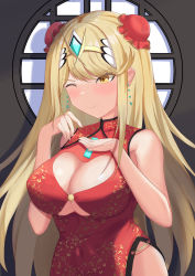 Rule 34 | 1girl, absurdres, blonde hair, blush, breasts, china dress, chinese clothes, cleavage, cleavage cutout, closed mouth, clothing cutout, commentary request, covered navel, double bun, dress, earrings, hair bun, headpiece, highres, jewelry, large breasts, long hair, mythra (xenoblade), one eye closed, red dress, shiratamaaji, sidelocks, solo, standing, upper body, v-shaped eyebrows, xenoblade chronicles (series), xenoblade chronicles 2, yellow eyes