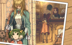 Rule 34 | 4girls, ?, against wall, alcohol, backpack, bad id, bad pixiv id, bag, bare shoulders, blonde hair, bookshelf, bottle, bow, brooch, building, capelet, dress, elona, gameplay mechanics, gem, golden knight (elona), green hair, hair bow, hair over face, harusame (rueken), head down, high heels, holding, holding behind back, indoors, jewelry, long hair, mace, multiple girls, outdoors, pantyhose, photo (object), red dress, red hair, rueken&#039;s elona player character, shaded face, shop, spoken question mark, twintails, weapon, younger sister (elona)