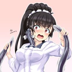 Rule 34 | 1girl, animal, apron, between breasts, black hair, blush, breasts, commentary request, eel, fish, high ponytail, highres, holding, holding animal, holding fish, isokaze (kancolle), japanese clothes, kantai collection, kappougi, long hair, long sleeves, open mouth, red eyes, small breasts, solo, tk8d32, upper body