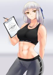 Rule 34 | 1girl, abs, bare shoulders, black bra, blue ribbon, blunt bangs, bra, breasts, clipboard, collarbone, fate/grand order, fate (series), gachou, grey pants, hair ribbon, half updo, highres, jewelry, large breasts, long hair, looking at viewer, navel, necklace, pants, pen, penthesilea (fate), ribbon, sidelocks, silver hair, solo, sports bra, thighs, underwear, yellow eyes, yoga pants