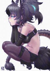 Rule 34 | 1girl, animal ear fluff, animal ears, bad id, bad pixiv id, bare shoulders, black footwear, black gloves, black hair, black pantyhose, black shorts, black tube top, blue eyes, boots, breasts, cerberus (kemono friends), collar, commentary, cutoffs, dog ears, elbow gloves, extra ears, fingerless gloves, frown, full body, gloves, glowing, glowing eyes, head rest, high heel boots, high heels, kemono friends, kishida shiki, pantyhose under shorts, looking at viewer, medium breasts, navel, pantyhose, profile, short hair, short shorts, shorts, simple background, sitting, solo, spiked collar, spikes, squatting, strapless, tail, thigh strap, tiptoes, tube top, twintails, white background