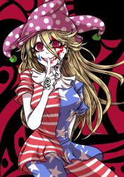 Rule 34 | 1girl, aged up, american flag dress, american flag legwear, black background, blonde hair, breasts, clownpiece, cowboy shot, crazy smile, finger to mouth, grin, hair between eyes, hat, highres, horror (theme), jester cap, large breasts, long hair, looking at viewer, makeup, neck ruff, pale skin, pantyhose, pink eyes, polka dot, ringed eyes, short sleeves, smile, solo, star (symbol), star print, striped clothes, striped pantyhose, tattoo, touhou, yo no ji