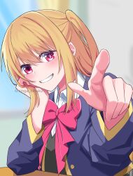Rule 34 | 1girl, absurdres, black sweater vest, blonde hair, blue jacket, blurry, blurry background, blush, bow, bowtie, clenched teeth, collared shirt, dress shirt, hair between eyes, head rest, highres, hoshino ruby, jacket, long hair, long sleeves, looking at viewer, mismatched pupils, one side up, open clothes, open jacket, oshi no ko, pink bow, pink bowtie, pink eyes, pointing, pointing at viewer, school uniform, shirt, sidelocks, singa kibaku, smile, solo, star-shaped pupils, star (symbol), sweater vest, symbol-shaped pupils, teeth, twitter username, upper body, variant set, white shirt, youtou high school uniform