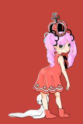 Rule 34 | 1girl, aged down, alternate costume, bare arms, bare legs, bare shoulders, blunt bangs, character doll, crown, doll, dress, drill hair, expressionless, female focus, from behind, full body, ghost, leaning forward, legs apart, looking at viewer, magu (syakedayo), one piece, perona, pink hair, red background, red dress, red footwear, simple background, solo, standing, twintails